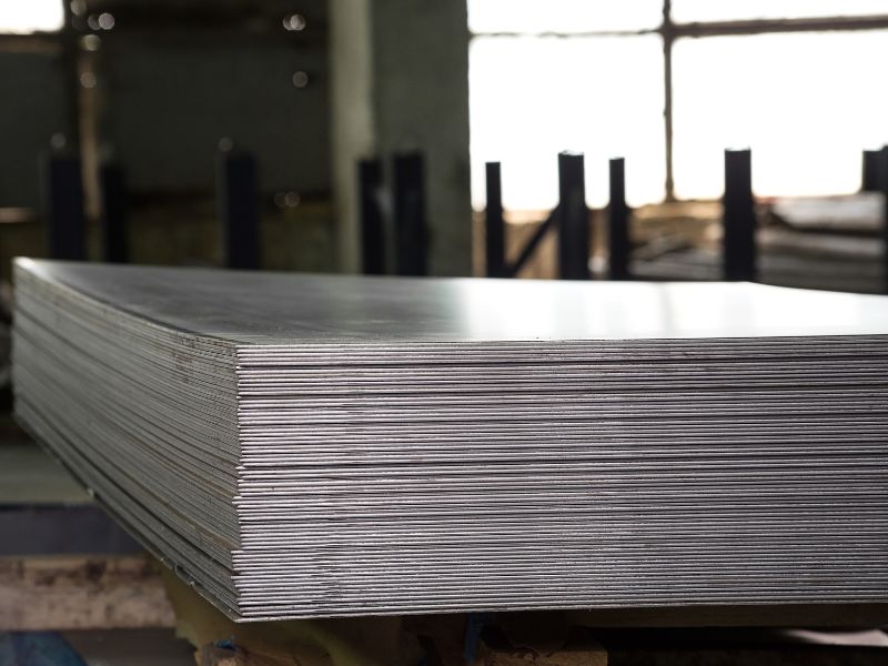 Stack of stainless steel sheets on a warehouse rack