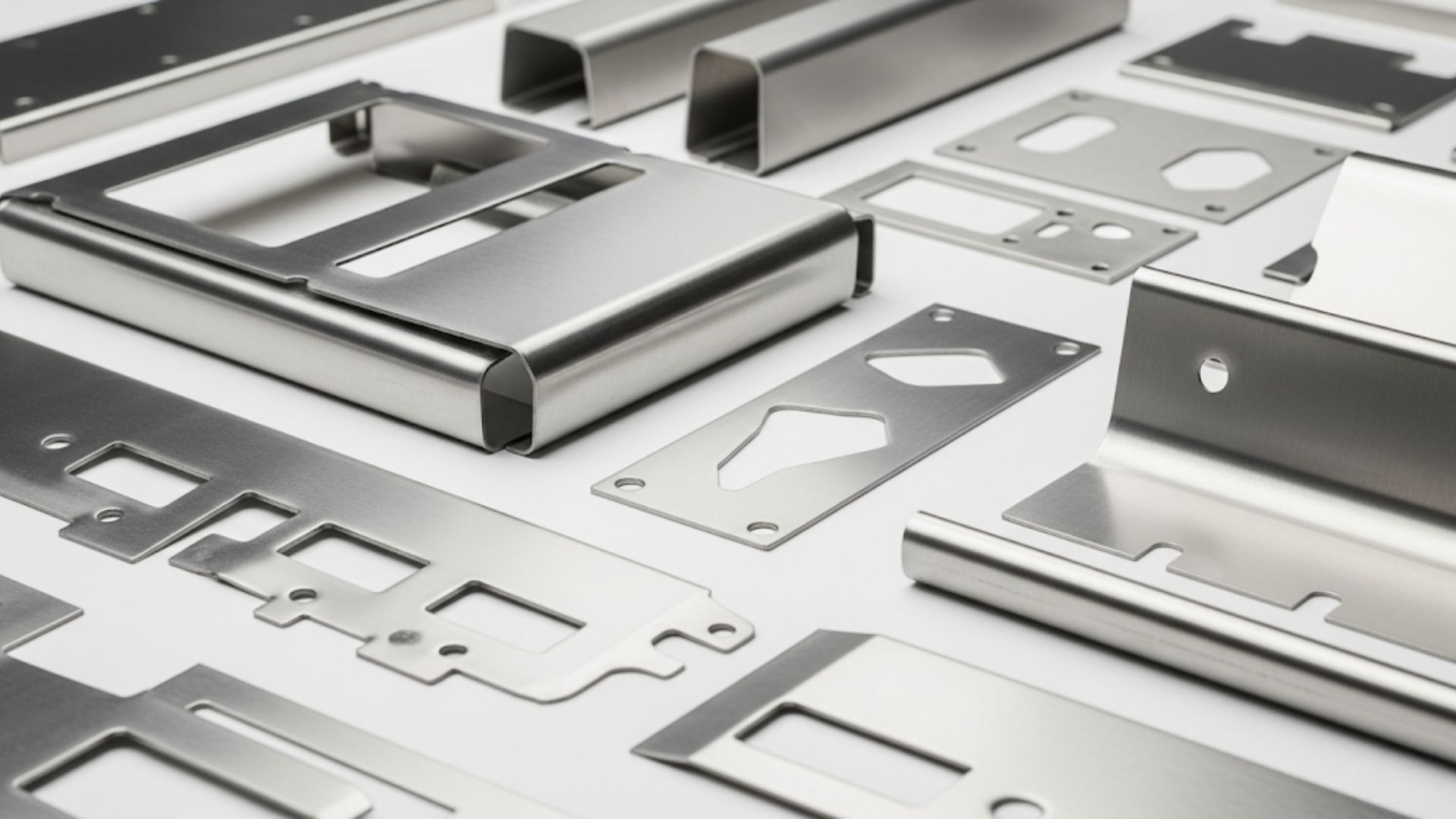 Assorted stainless steel covers, channels, and flat plates with cut-outs on a white surface