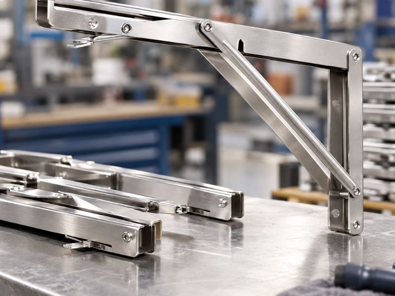 Stainless steel shelf bracket with a consistent CNC-formed curved bend, mounted under a wood shelf