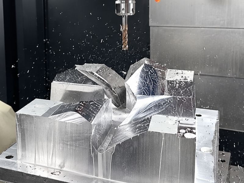 CNC machine cutting a precision multi-cavity mold with coolant spray, used to produce investment-cast propeller patterns