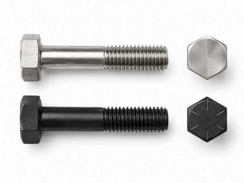 Stainless steel hex bolt next to a black oxide Grade 8 hex bolt, same size, top and bottom view