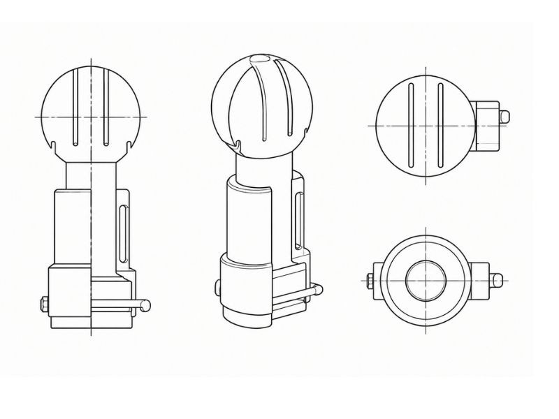 Technical CAD drawing showing orthographic views of a precision-machined spray ball head and connection body