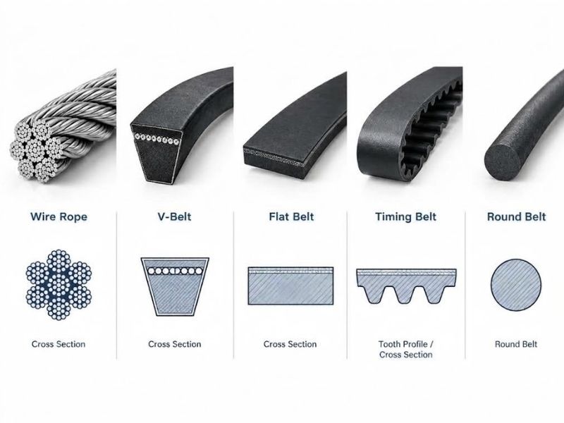wire rope / V-belt / flat belt / timing belt / round belt