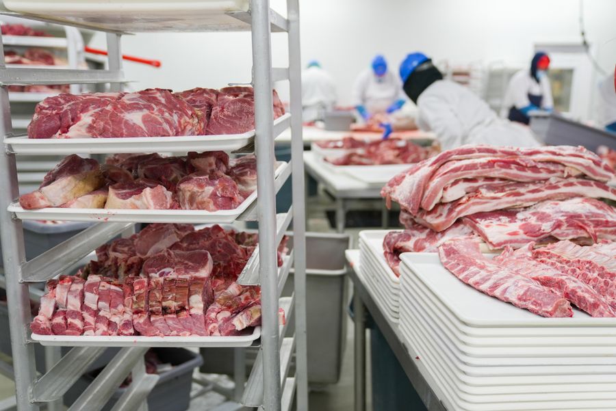 Meat on racks in a processing plant