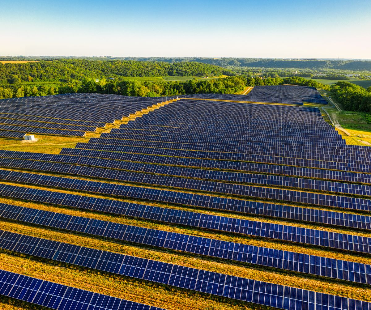 Solar farm with long rows of panels seen from above