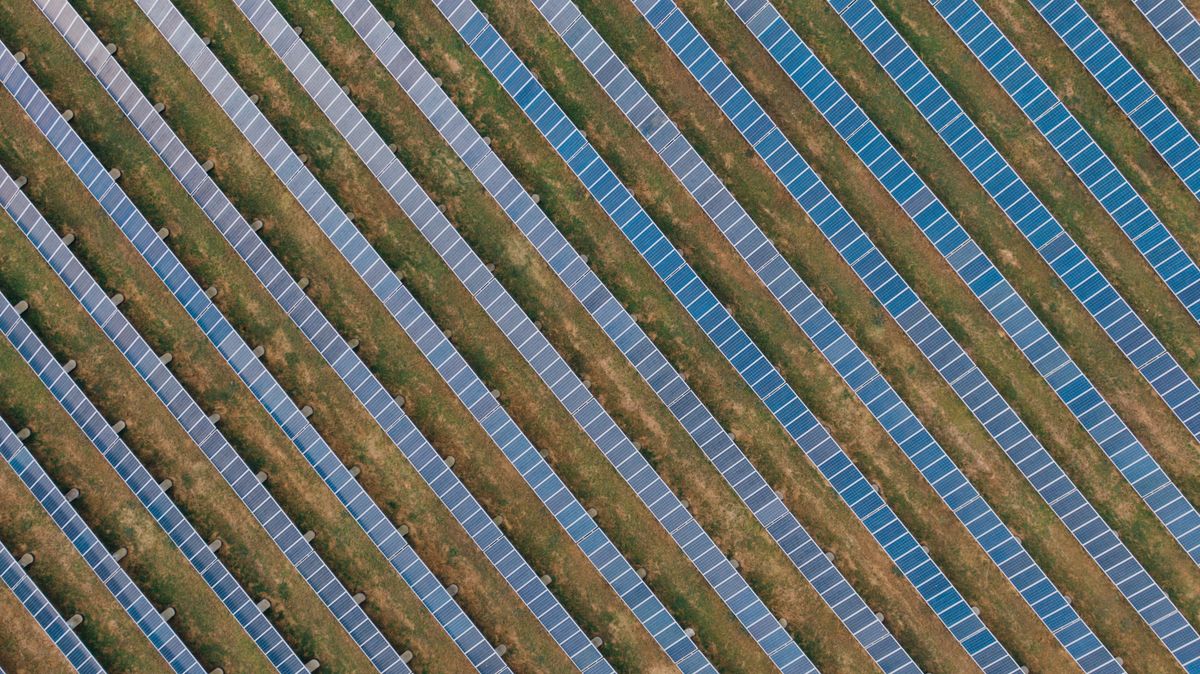 Long rows of solar panels in a field seen from above